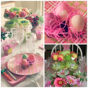 Pink and green Easter table scape. Decorating for Easter. 