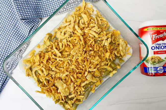 Top the casserole off with crispy fried onions, the best part of green bean casserole.