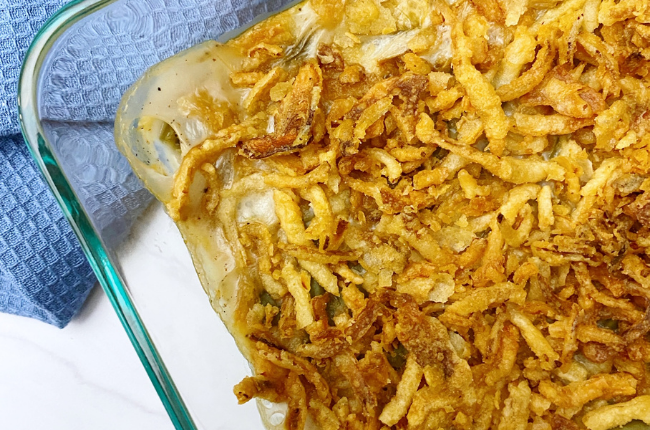 Green bean casserole is a staple on the dinner table Thanksgiving day, a creamy and crunchy side dish that everyone enjoys.