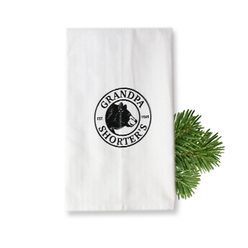 Grandpa Shorter's White Flour Sack Tea Towel Bear Logo