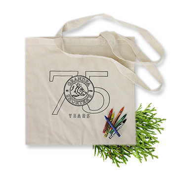 Grandpa Shorter's 75 Year Logo Reusable Tote Bag with Crayons