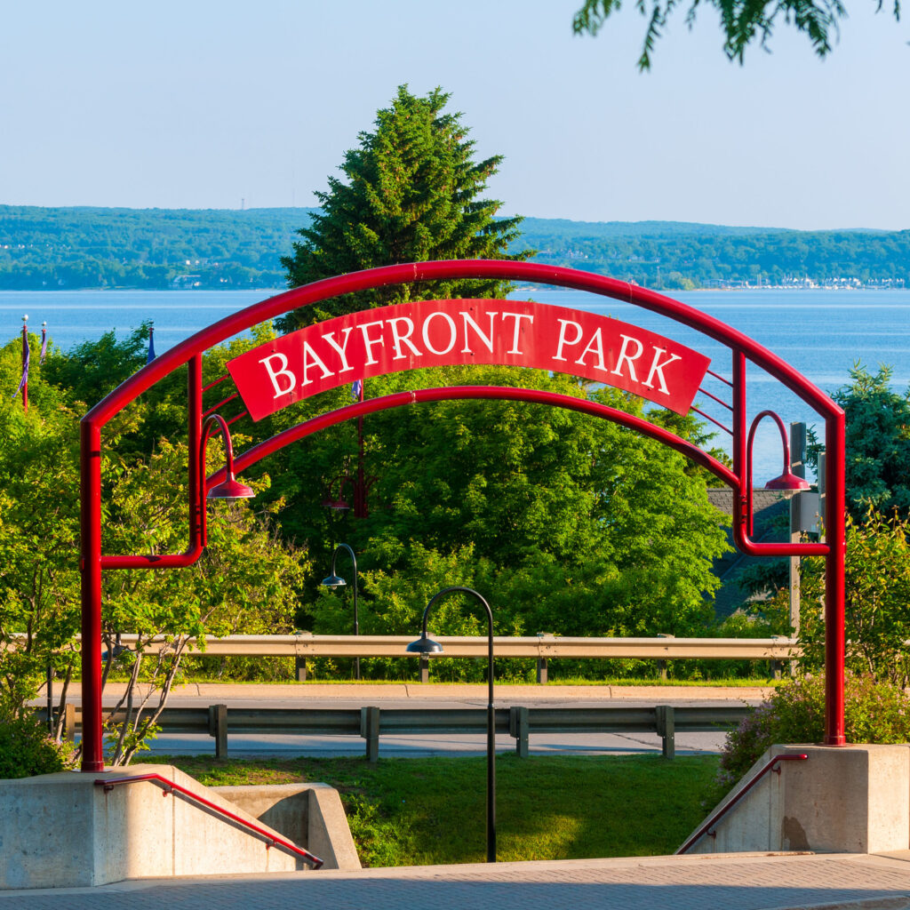 Bayfront Park entrance in Petoskey, Michigan on Little Traverse Bay on Lake Michigan.