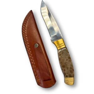 Petoskey Stone Fixed Blade Knife with Leather Sheath