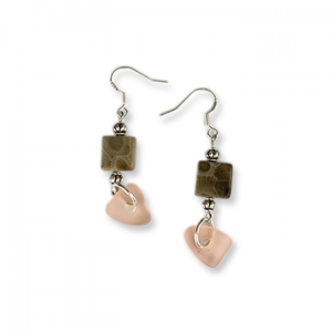 Beach Glass Petoskey Stone Earrings - A